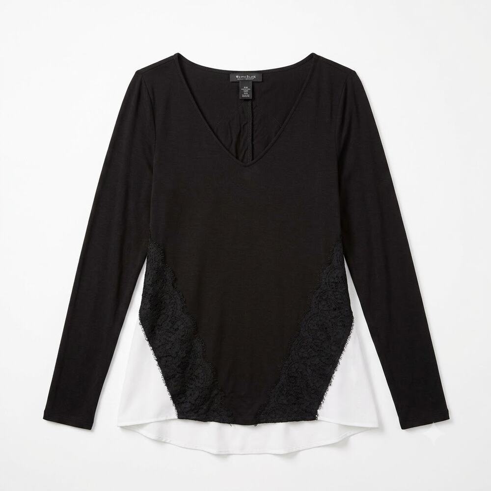 White House Black Market Lace Trim Mixed Media Top V Neck Long Sleeve Womens XXS